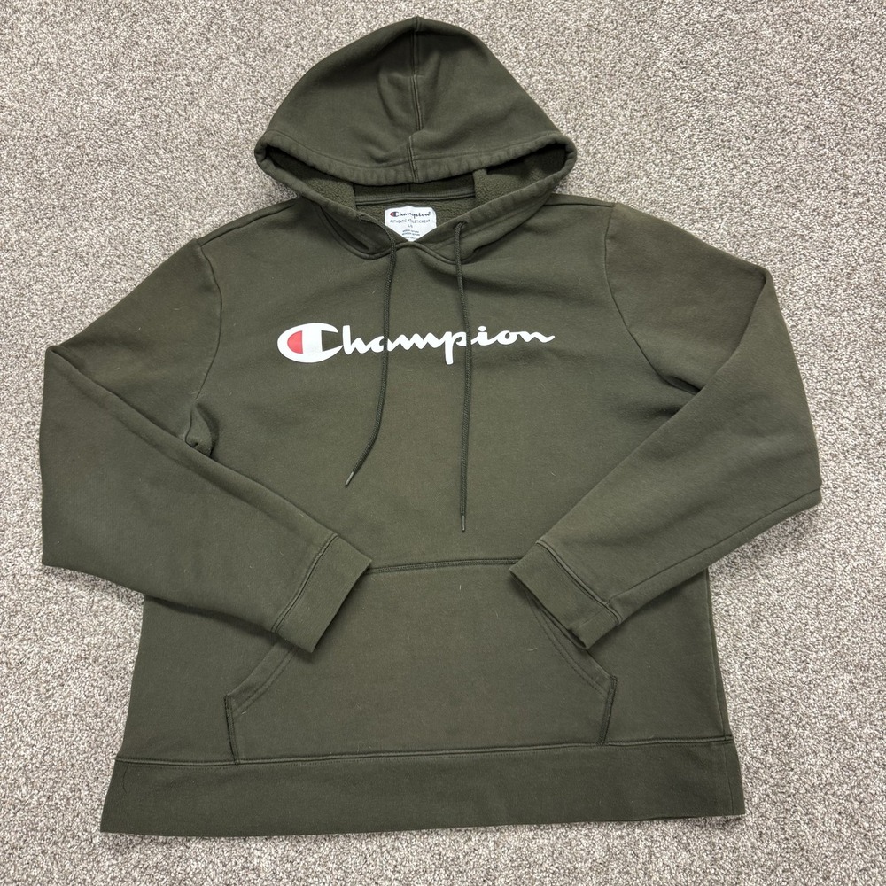 Champion Hoodie Mens L Green Fleece Pullover Script Logo Kangaroo Sweatshirt